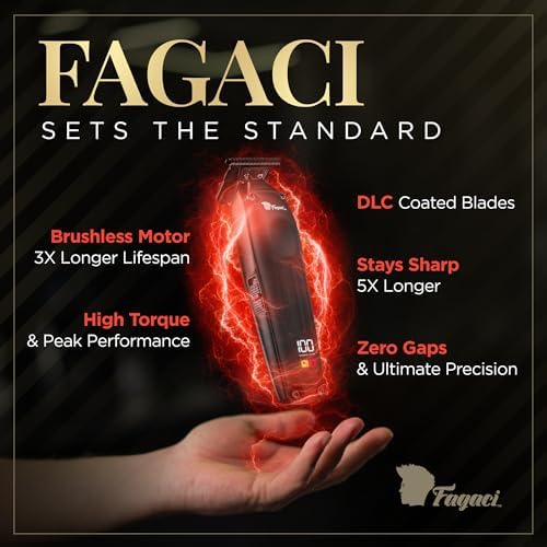 Fagaci cordless trimmer resting on its premium charging dock with digital battery display glowing