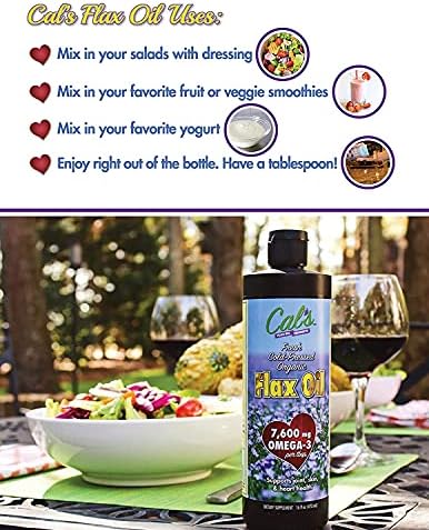 Opaque 32 ounce bottle of Cal's gluten free flax seed oil highlighting true cold pressed production