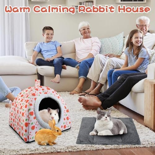 Warm Rabbit Hideout, Washable Bunny Bed & Hideaway House with Strawberry Design, Cozy Fleece Hut for Indoor Rabbits Guinea Pigs and Other Small Animals - Image 8