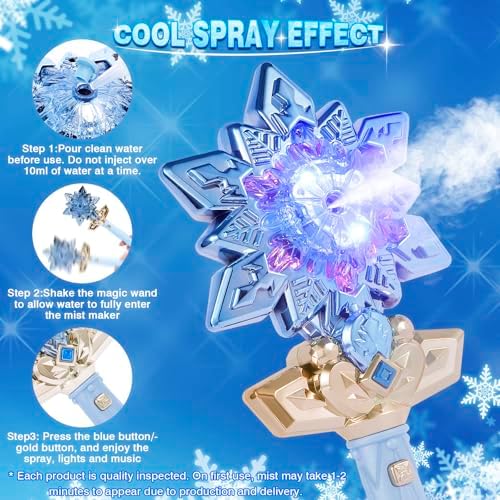 Side angle of blue toy wand showing mist spray function