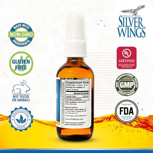 Natural Path Silver Wings Colloidal Silver amber bottle showing supplement facts and 500 PPM strength