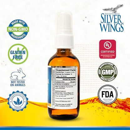 Natural Path Silver Wings Colloidal Silver amber bottle showing supplement facts and 500 PPM strength