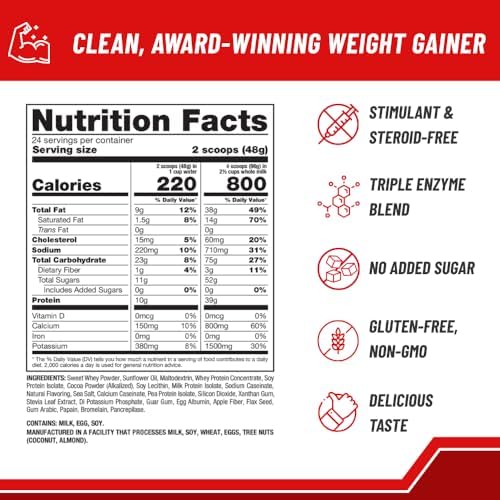 Naturade gluten free mass gainer powder showing nutritional facts and chocolate flavor label.