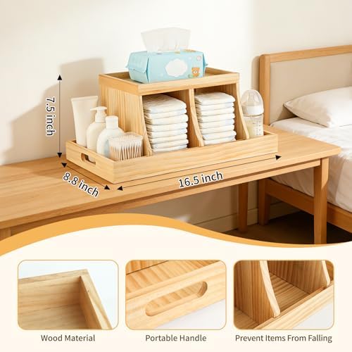 Three Colors Wooden Diaper Caddy Organizer filled with diapers and wipes