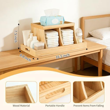 Side view of Three Colors bamboo diaper caddy with storage compartments