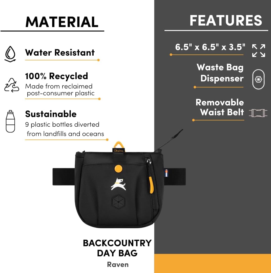 OllyDog Backcountry pack showcasing its compact six inch dimensions next to standard dog training accessories