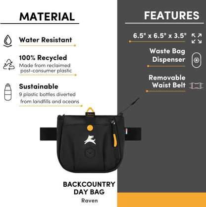 OllyDog Backcountry pack showcasing its compact six inch dimensions next to standard dog training accessories