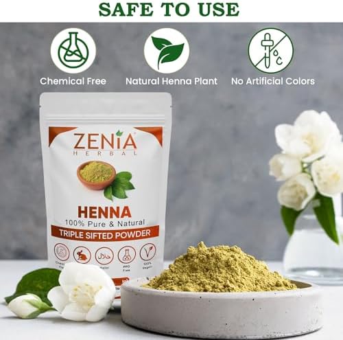 Close up of Zenia 100 grams natural henna dye package showcasing certification logos