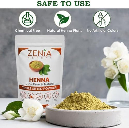 Close up of Zenia 100 grams natural henna dye package showcasing certification logos