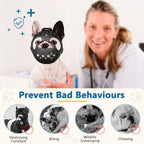 Barkless soft silicone pet muzzle highlighting anti snap triangular strap assembly