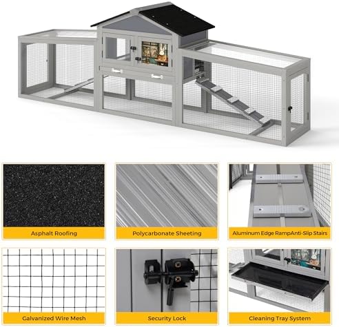 COZIWOW Large 92IN Outdoor Rabbit Hutch with 3 Run Boxes, Weatherproof Bunny Cage with Asphalt Roof & Sunlight Panels, Hands-Free Clean Tray & Metal Wire Mesh, 2-Tier Rest & for 2-3 Rabbits, Grey - Image 4