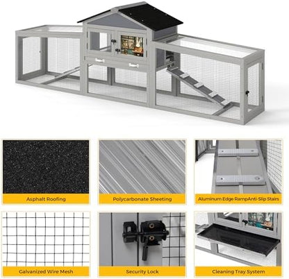 COZIWOW Large 92IN Outdoor Rabbit Hutch with 3 Run Boxes, Weatherproof Bunny Cage with Asphalt Roof & Sunlight Panels, Hands-Free Clean Tray & Metal Wire Mesh, 2-Tier Rest & for 2-3 Rabbits, Grey - Image 4