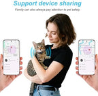 Vebiso mini GPS cat tracker collar unboxed with packaging highlighting the long-lasting CR2032 battery capability.