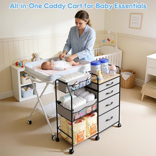 Fabuday rolling utility cart showing fabric drawers and open bins