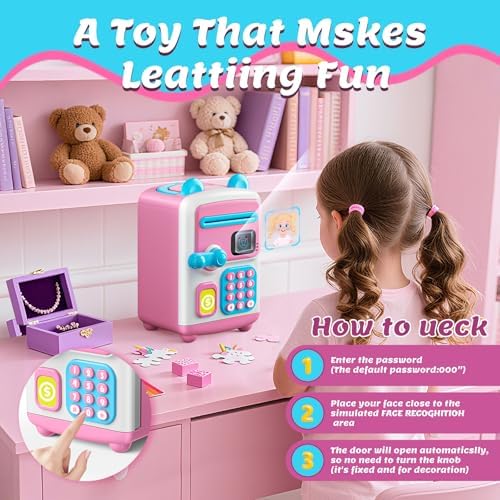 TROTK password unlocking children vault side angle view displaying the durable pink plastic exterior finish
