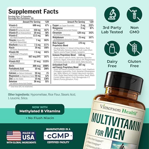 Vegetarian multivitamin capsules for men by Vimerson Health for immune defense and muscle recovery