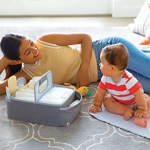 Munchkin diaper caddy showing side pockets and compartments