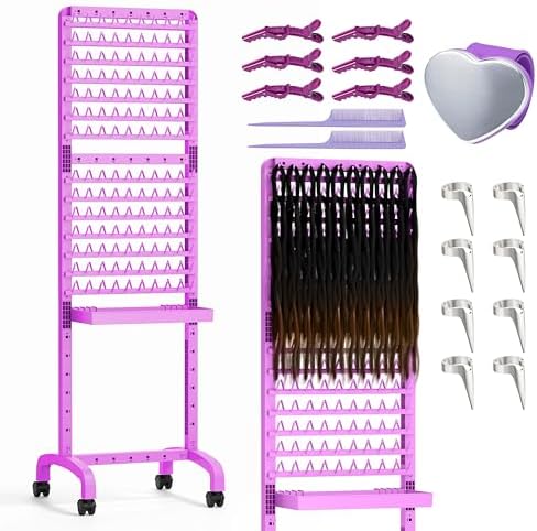 Yumkfoi adjustable braiding hair rack 280 pegs front view showcasing pink double sided extension holder