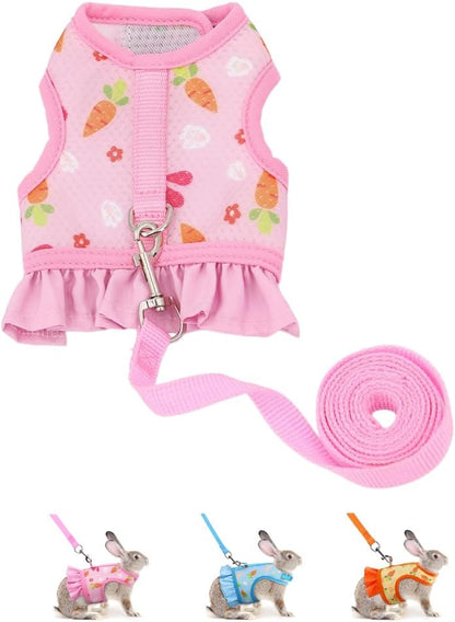 Cyhaen pink rabbit harness and leash set front view worn by a small bunny