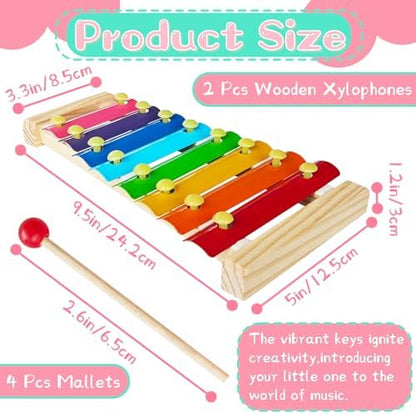 Pack of two educational toddler xylophones with four wooden mallets.