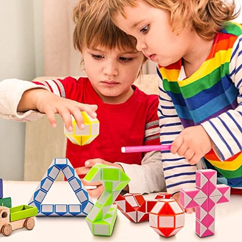 Twelve pieces of mini twist puzzle cubes stacked neatly as premium birthday return gifts for kids.