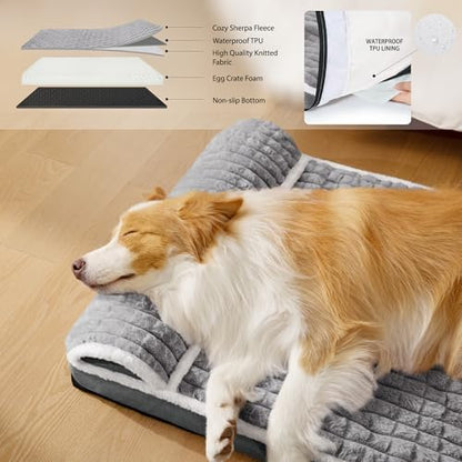 Orthopedic Dog Bed Large Sized Dog with Pillow 36''X24'', Waterproof Soft Comfortable Egg Crate Foam Pet Crate Beds Mat with Removable Washable Cover and Non-Slip Bottom, Grey - Image 4