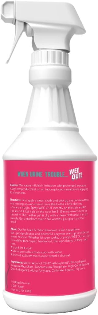 Pupiboo enzymatic dog pee spray being applied to carpet stain