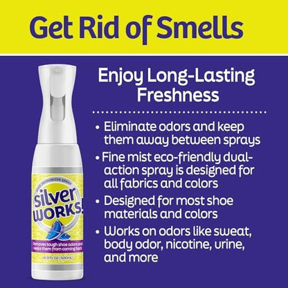 SilverWorks! silver ion spray being applied to a running shoe for freshness
