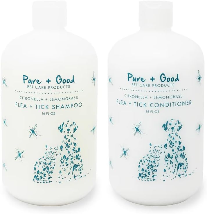 Pure + Good Flea and Tick Shampoo and Conditioner Set front view showing authentic USA packaging.