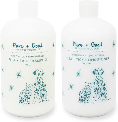 Pure + Good Flea and Tick Shampoo and Conditioner Set front view showing authentic USA packaging.
