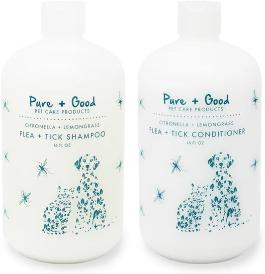 Pure + Good Flea and Tick Shampoo and Conditioner Set front view showing authentic USA packaging.