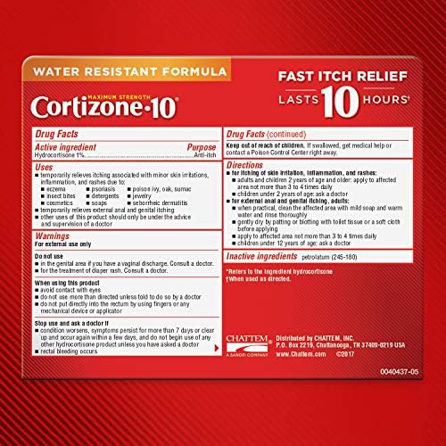 Cortizone 10 one percent hydrocortisone water resistant ointment packaging box.