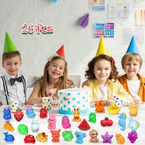 A diverse array of premium non-toxic squishy toys arranged neatly inside a festive party prize box.