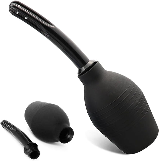 Showvigor Enema Bulb Kit front view showing the 10.9 Ounce black silicone bulb and nozzle.