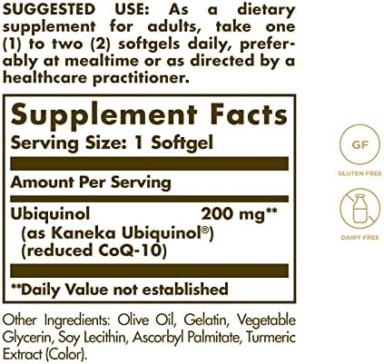 Solgar active reduced CoQ10 dietary supplement packaging detailing ingredients