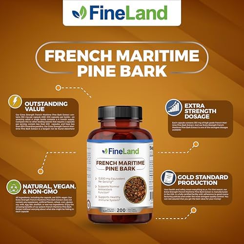 FineLand pine bark extract 200 veggie caps supplement facts label with ingredient breakdown.
