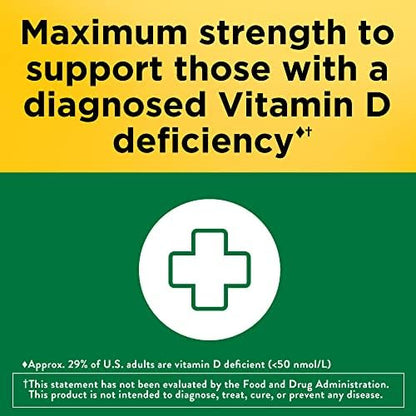 High potency Nature Made Vitamin D3 dietary supplement softgels showing clean formulation and no artificial colors.