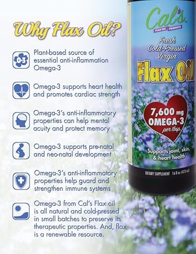 Back label of Cal's premium liquid flax seed oil supplement with ingredients and nutritional facts