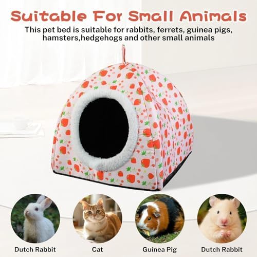 Warm Rabbit Hideout, Washable Bunny Bed & Hideaway House with Strawberry Design, Cozy Fleece Hut for Indoor Rabbits Guinea Pigs and Other Small Animals - Image 6