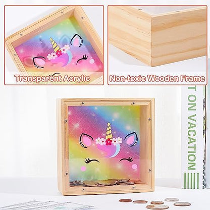 Bottom angle of kids wooden coin bank displaying the removable plastic plug