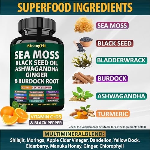 Gujisa StrongVit advanced Irish sea moss pills for men and women showing vegan capsule size.
