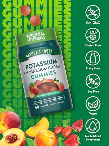 Nature's Truth Potassium Magnesium supplement peach strawberry flavor gummies close up