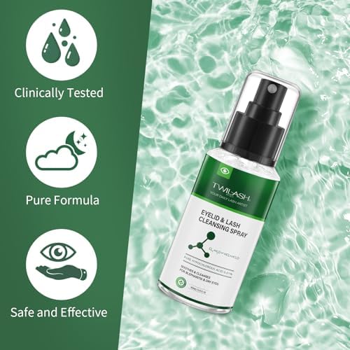 Hypochlorous acid eye spray with 50 cotton rounds for daily eyelid hygiene.