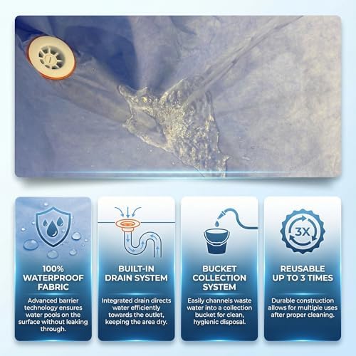 Flexible drainage hose channeling soapy water away from the mattress into a collection bucket.