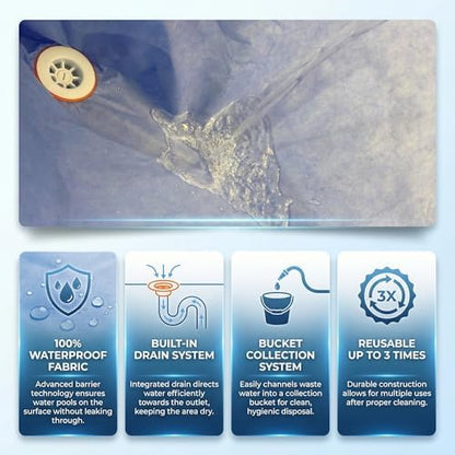 Flexible drainage hose channeling soapy water away from the mattress into a collection bucket.
