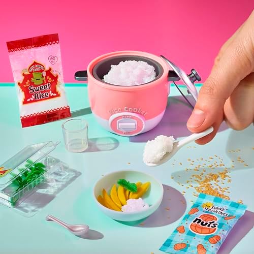 Miniature rice cooker appliance with tiny bowls and sticky rice resin
