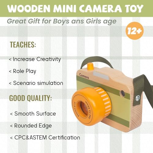WoodenEdu pretend camera toy packaging box highlighting the early childhood education benefits.