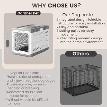 Gardner Pet outdoor travel dog crate being rolled effortlessly on its wheels for a road trip.