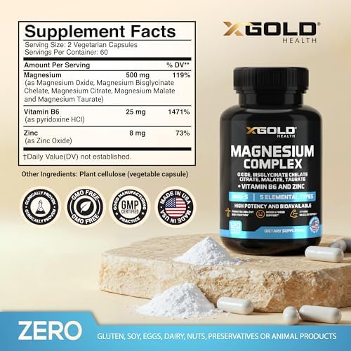 X Gold Health Magnesium Complex supplement side panel showing 5-in-1 ingredient facts.