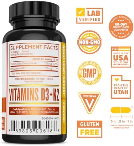 Zhou Nutrition Vitamin D3 and K2 supplemental facts label